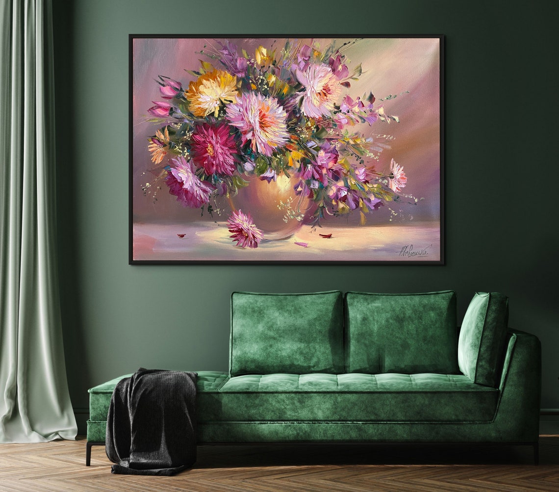 Large Flowers Oil Painting Original Chrysanthemum Wall Art Pink Floral Oil Artwork Summer Flowers In Vase Painting On 30x40 - Image 2