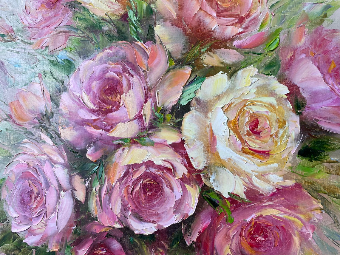 Pink Roses Oil Painting Original Flowers In A Vase Painting Classic Wall Art Pink Flowers Art Roses Bouquet Oil Painting Art Gift For Her - Image 2