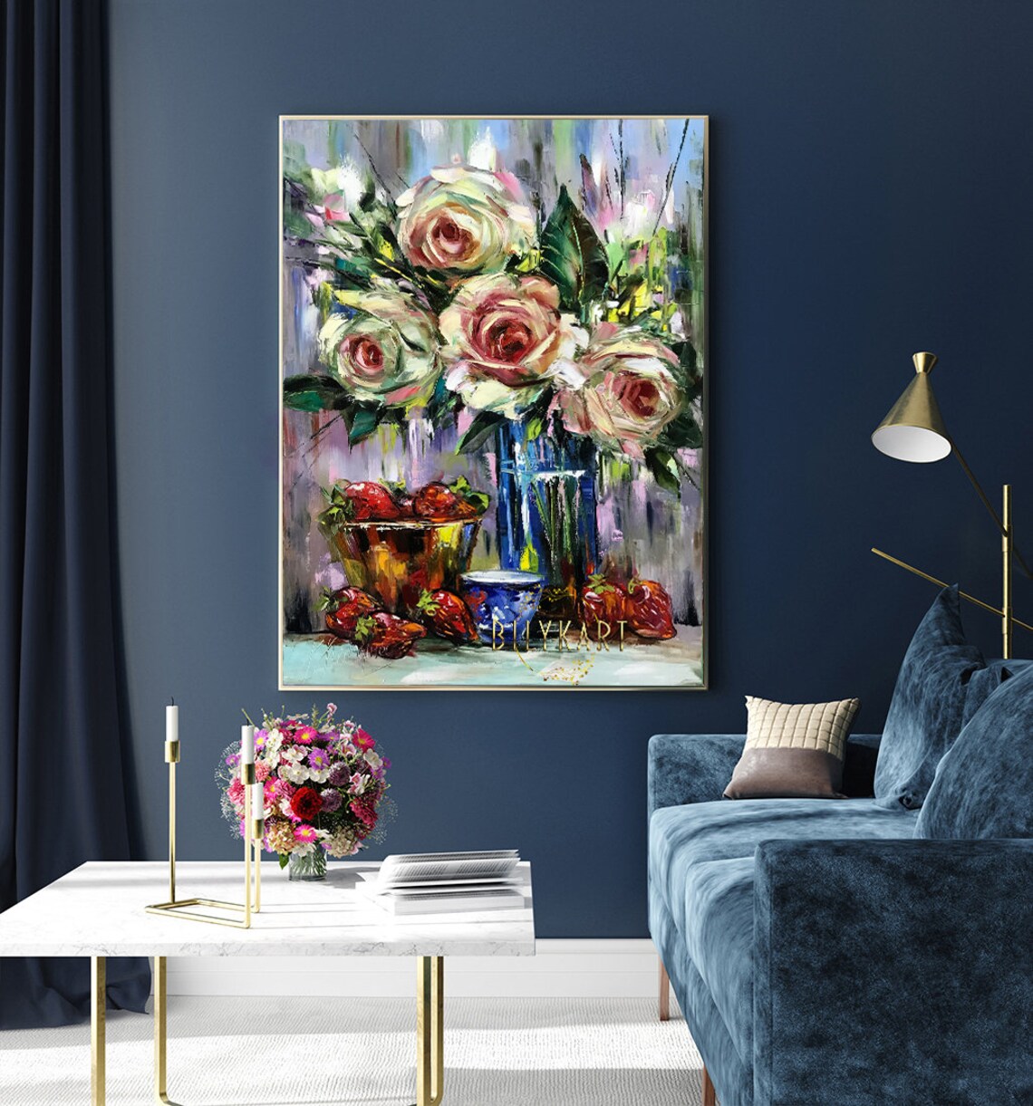 White Roses Blue Glass Vase Strawberries Floral Still Life Poster - Image 2