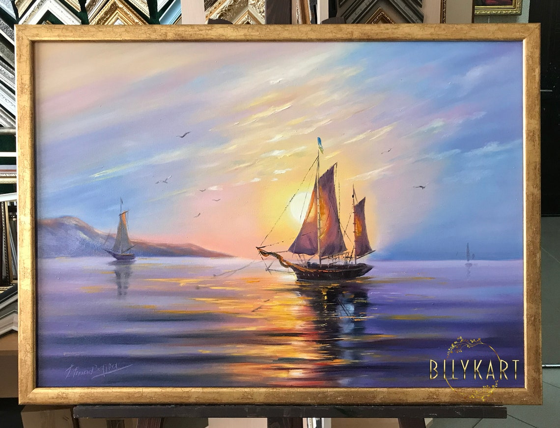 Sail Boat Oil Painting Original Sunset Painting Sea Boat Art Decor Harbor Painting Framed Ship Wall Art Large Boat Yacht Oil Painting - Image 3