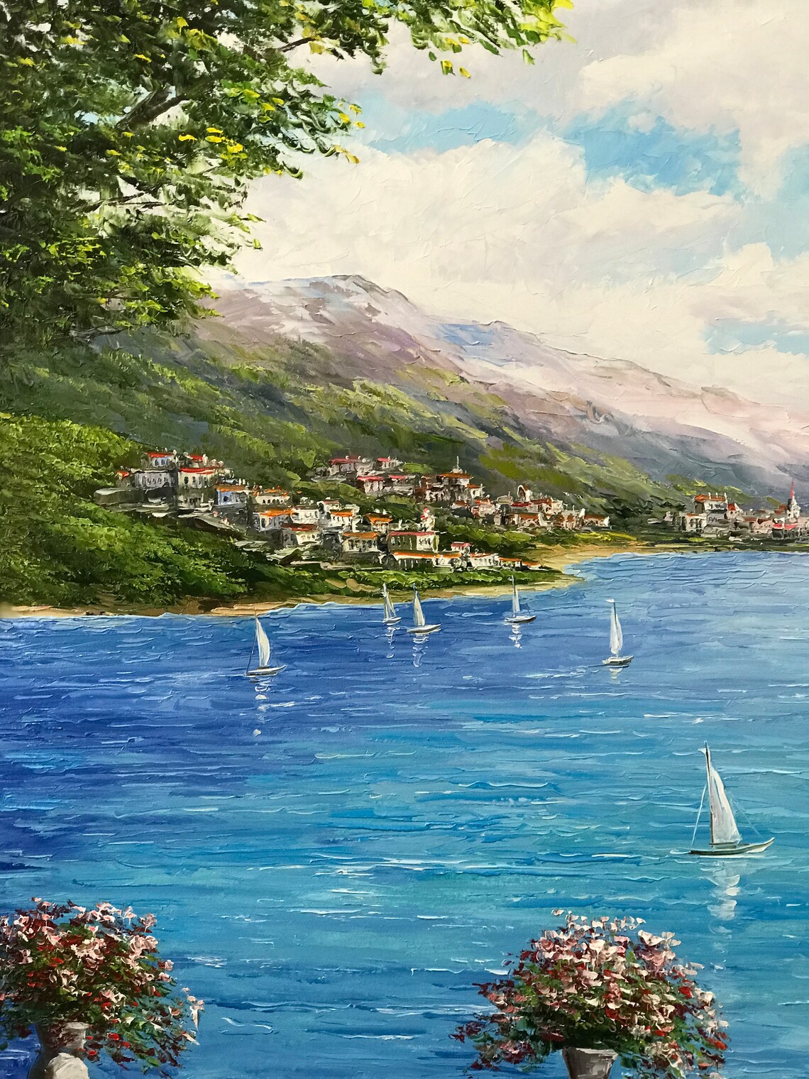 Italian Cafe Landscape, Mediterranean Oil Painting Art - Image 2