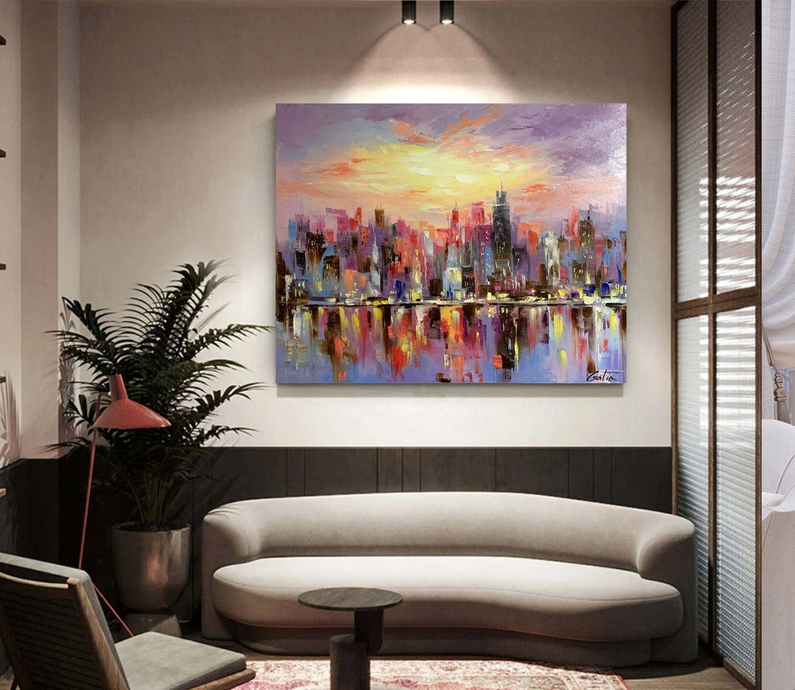 Chicago Skyline Sunset Colorful City Reflection Impasto Art Poster - Image 2