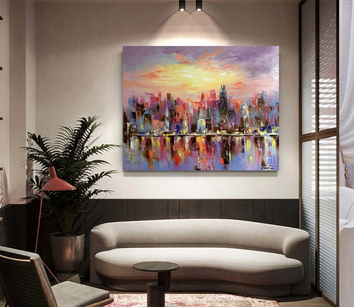Large Night City Abstract Painting Urban City Scape Painting Extra Large City Modern Wall Art Decor Chicago Skyline Abstract Oil Painting - Image 2