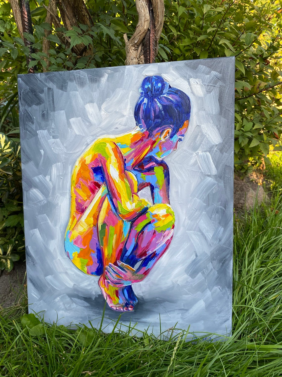 Colorful Nude Woman Crouching Pose Abstract Figurative Art Print - Image 3