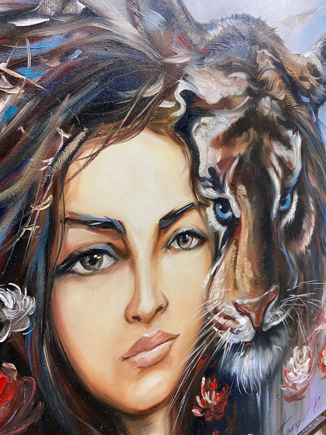 Woman And Tiger Face Portrait Floral Wild Animal Painting Print - Image 2