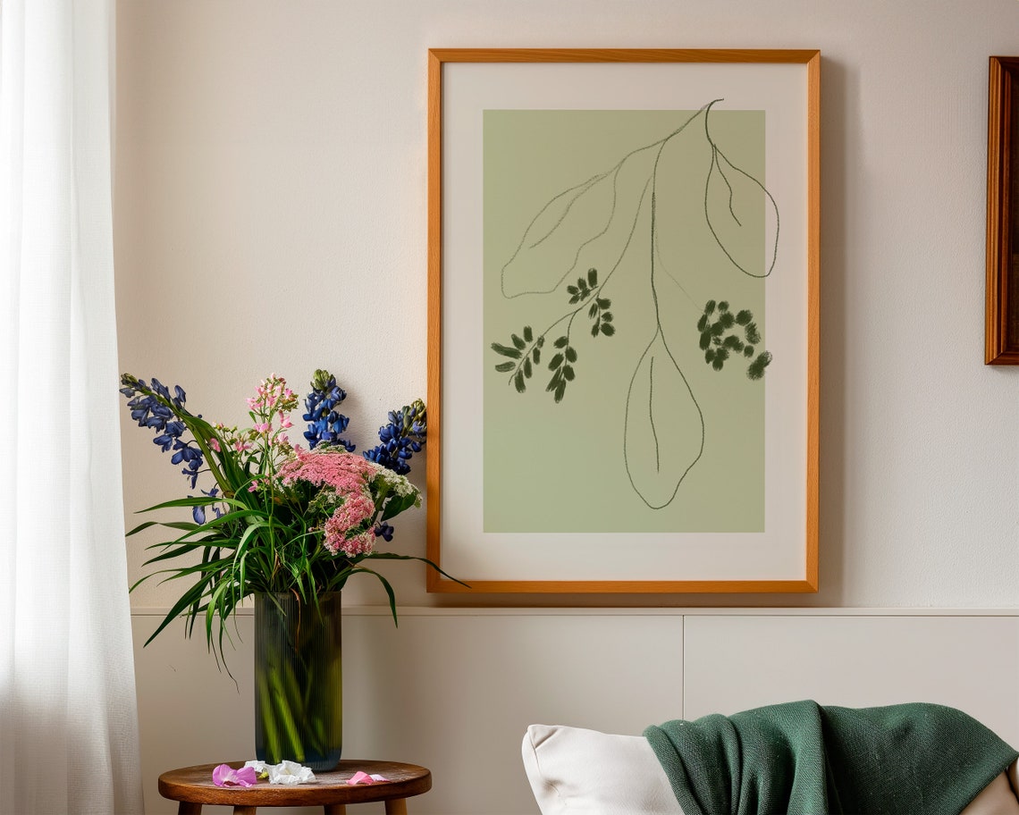 Sage Green Botanical Eucalyptus Branch Line Art Minimalist Poster - Image 3