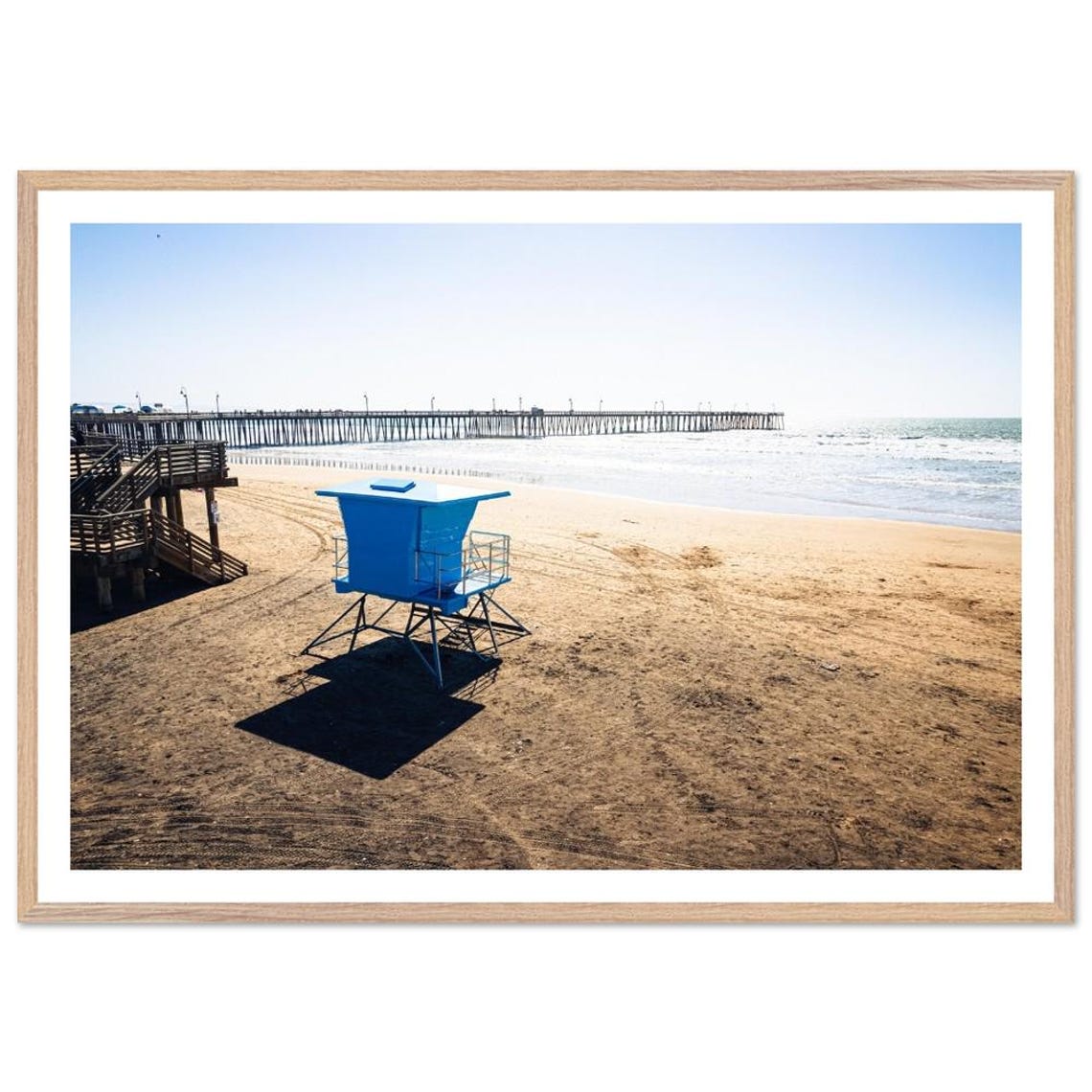 Blue Lifeguard Tower Ocean Pier Beach Coastal Photography Poster