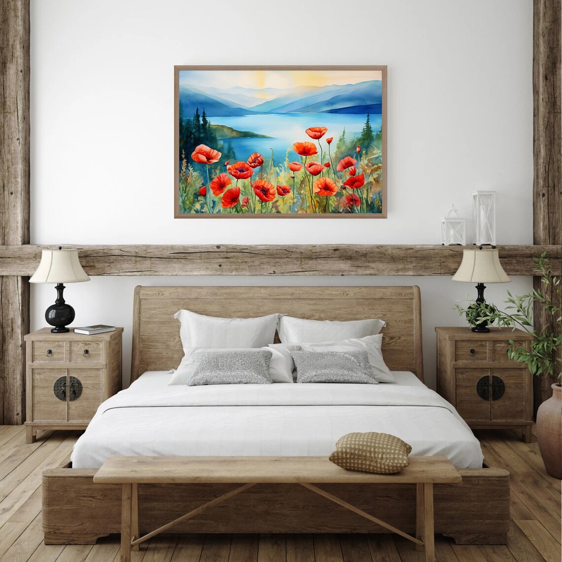 Red Poppies By Blue Lake Layered Mountains Sunrise Watercolor Poster - Image 2