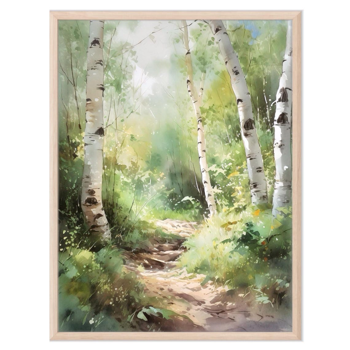 Sunlit Birch Tree Woodland Path Green Watercolor Nature Poster