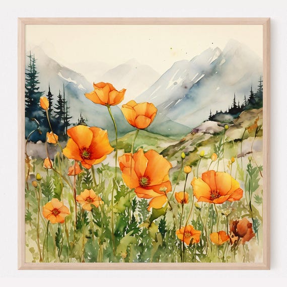 Summer Meadow Poppies Landscape Art Print