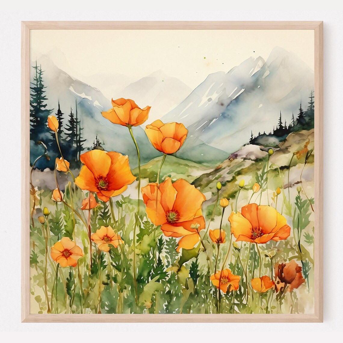Summer Meadow Poppies Landscape Art Print