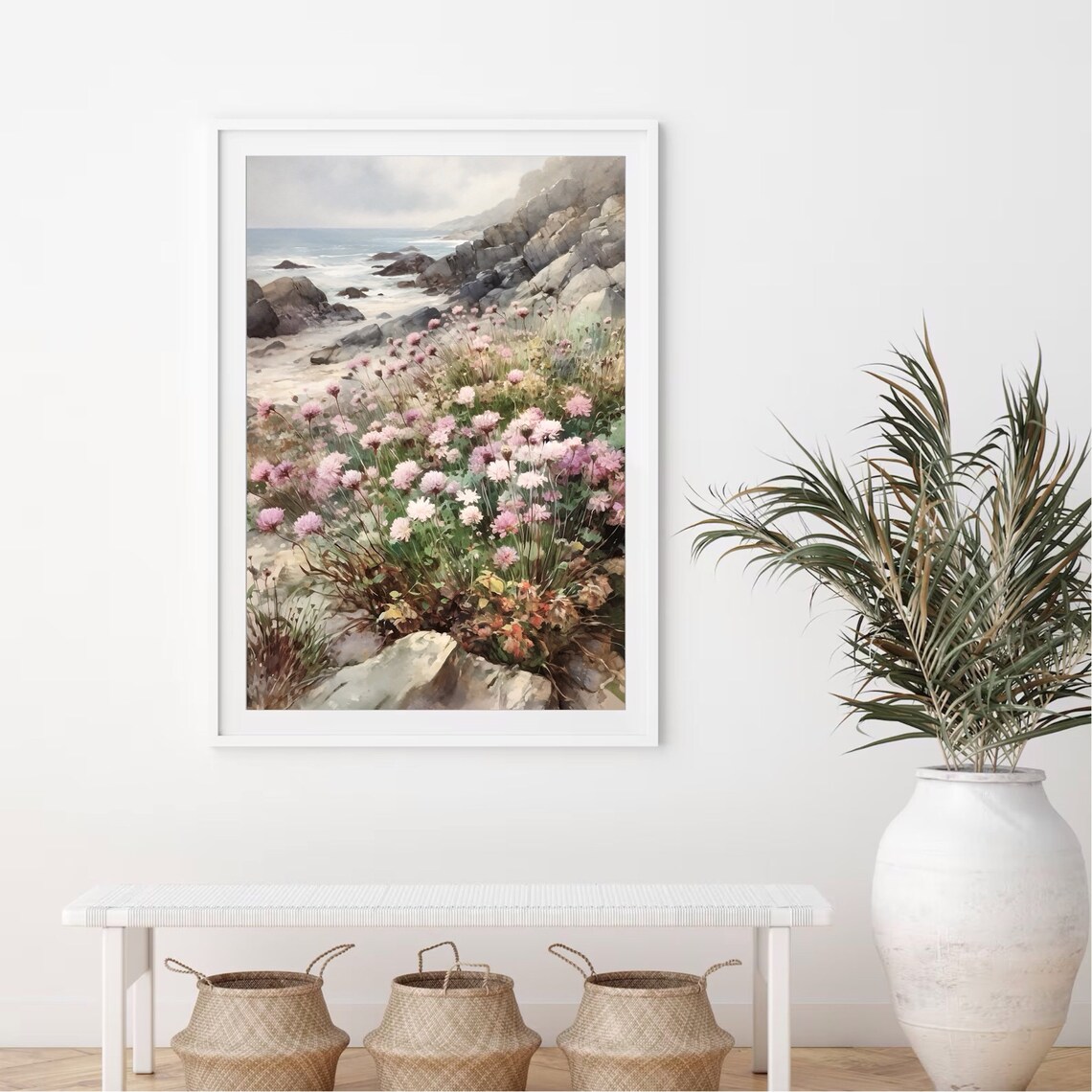 Rocky Coastline Pink Wildflowers Ocean Waves Watercolor Nature Poster - Image 5