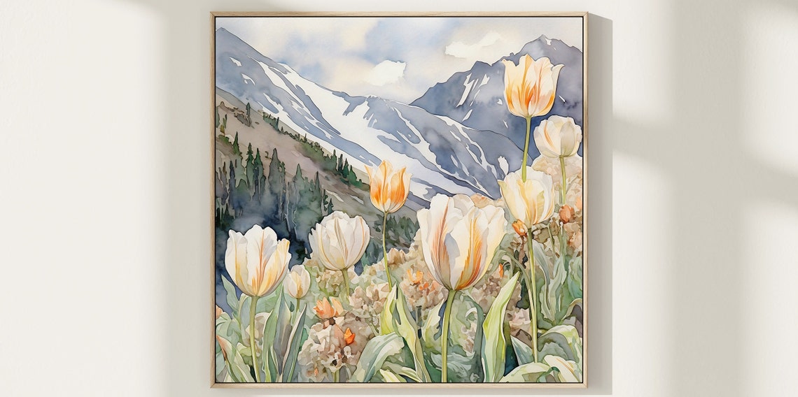 White Tulips Orange Blossoms Snowy Mountains Watercolor Wall Art