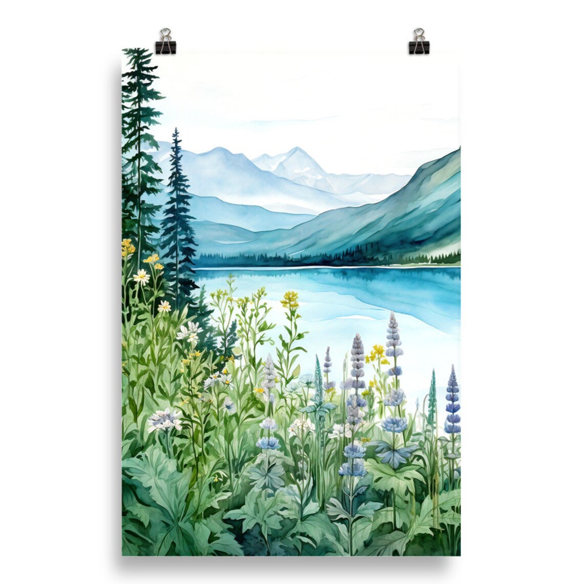 Mountain Lake Lupine Meadow Wildflowers Pine Trees Watercolor Poster - Image 5