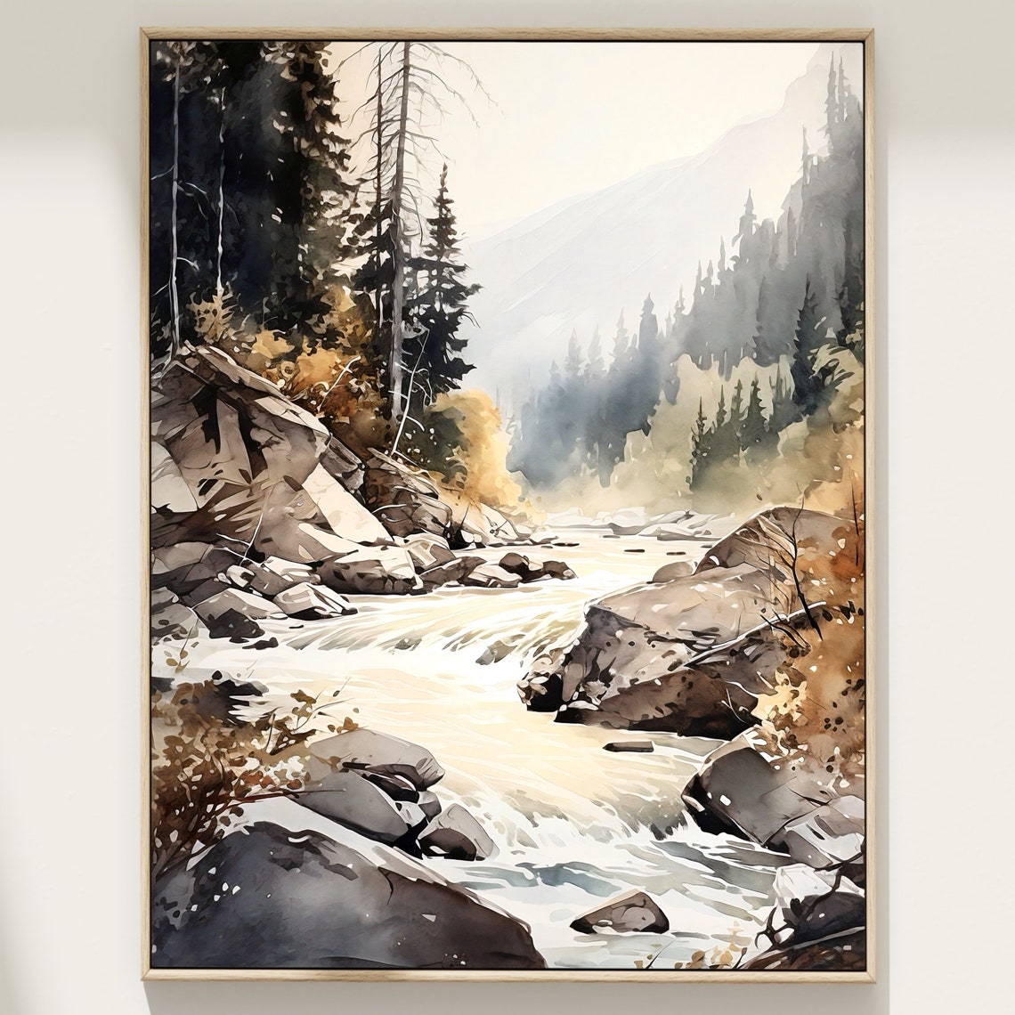 Rocky Mountain Stream Whitewater Rapids Boulders Watercolor Poster