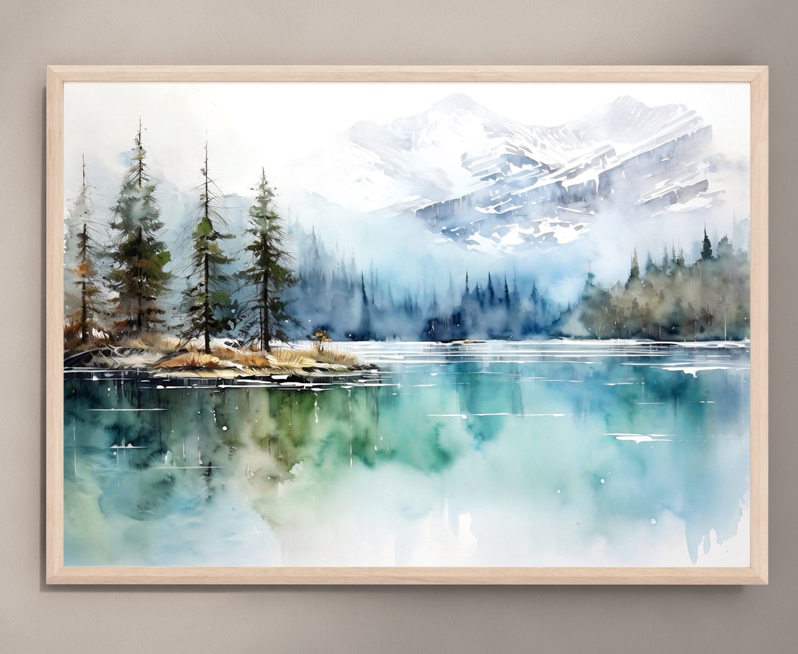 Misty Mountain Lake Snowy Peaks Pine Island Watercolor Poster - Image 3