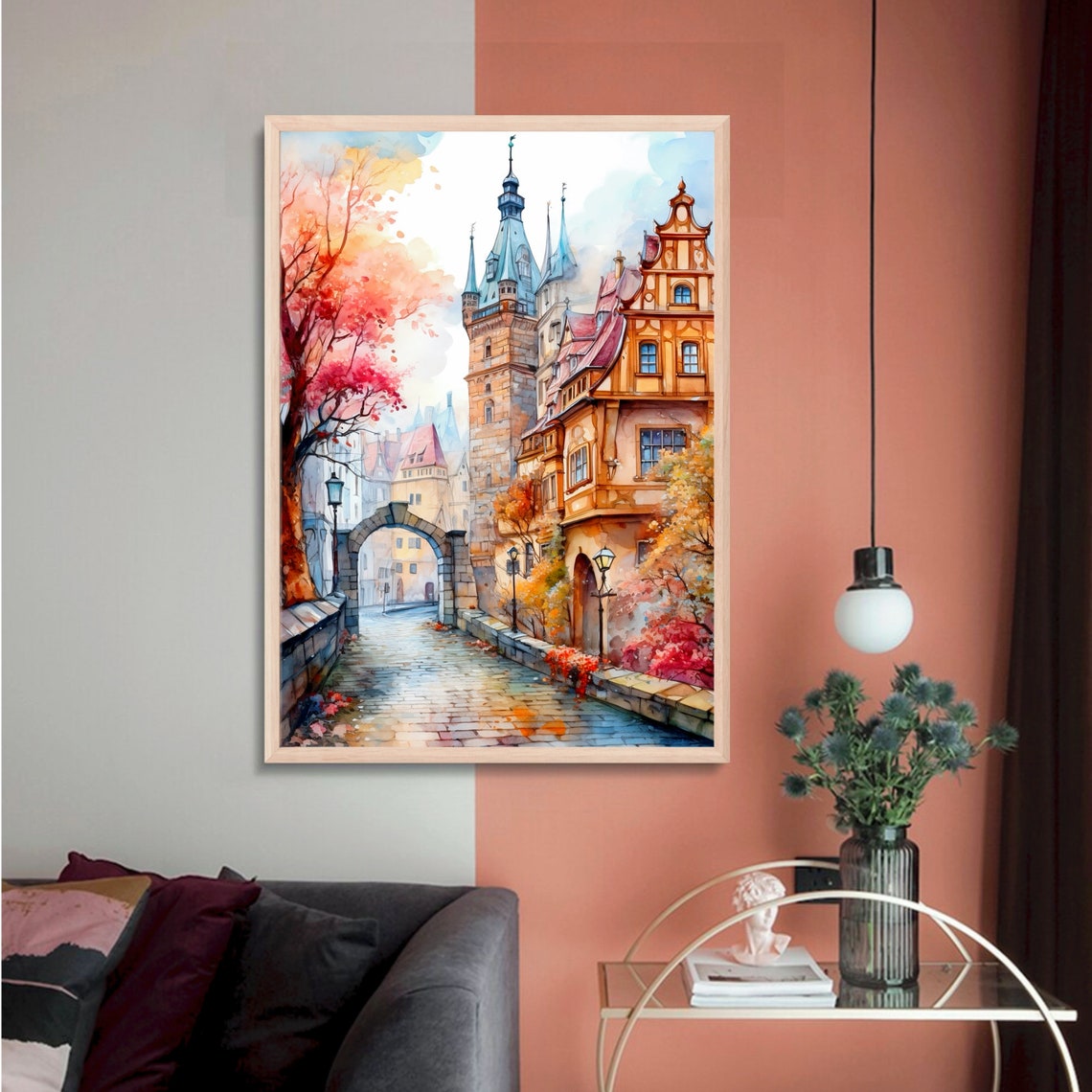 Medieval Old Town Towers Cobblestone Bridge Autumn Watercolor Poster - Image 2