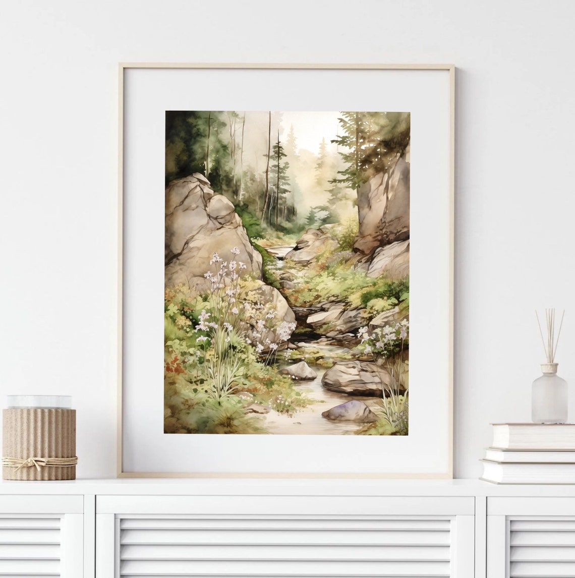 Sunlit Woodland Stream Flowing Through Rocky Ravine Watercolor Poster - Image 4