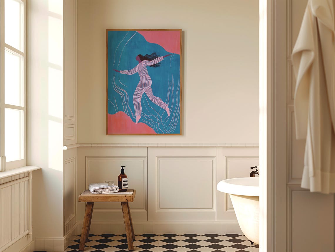 Dancing Woman in Stripes Teal and Pink Modern Illustration Poster - Image 5