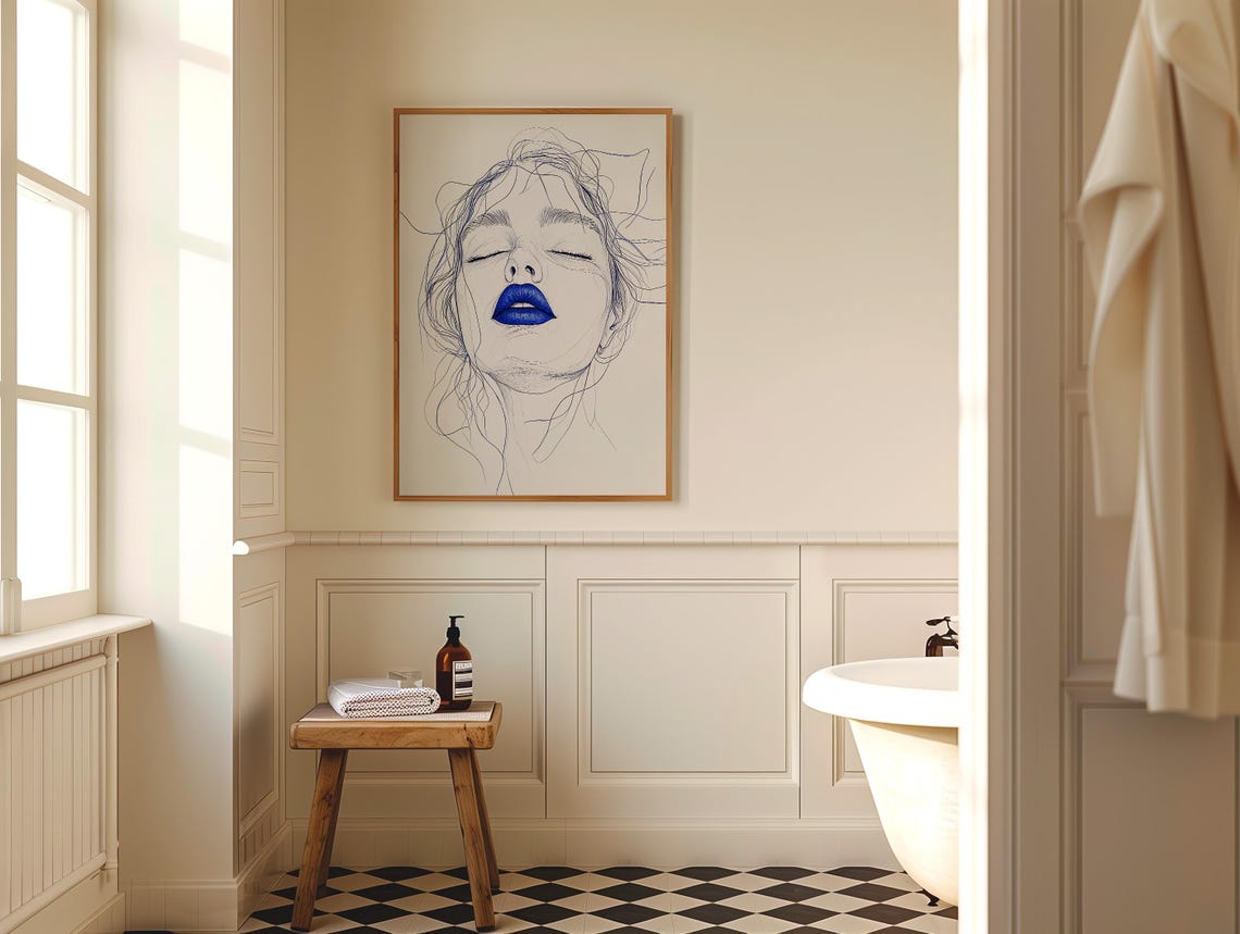 Minimalist Blue Lips Line Drawing Woman Face Portrait Wall Print - Image 5