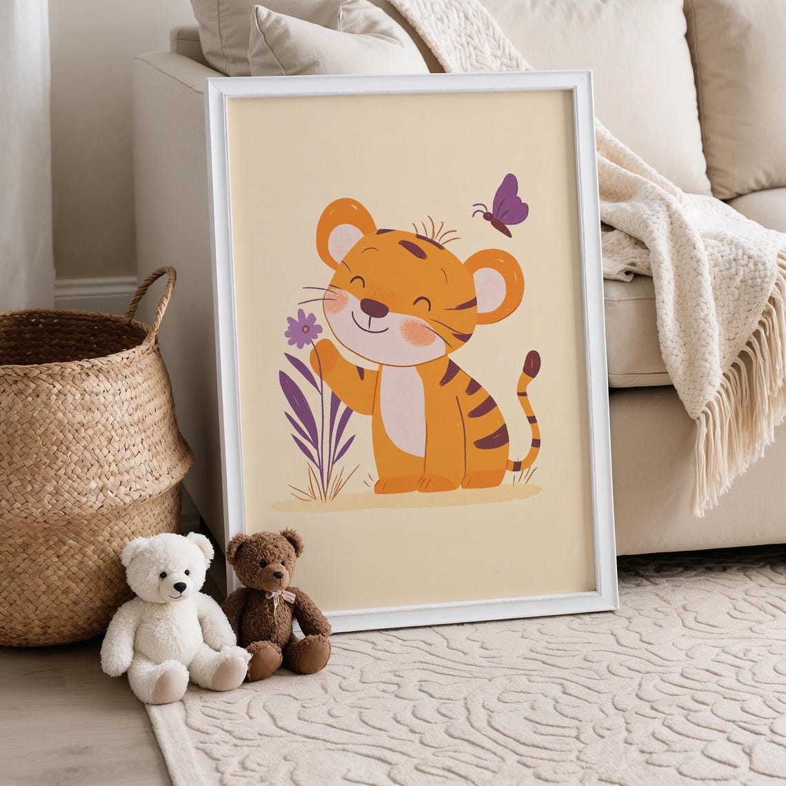 Smiling Tiger Cub With Butterfly Cute Nursery Animal Wall Poster - Image 4
