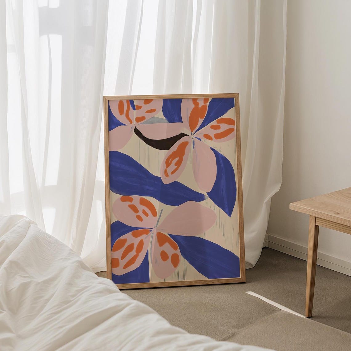 Vibrant Bold Blue Pink Orange Floral Modern Botanical Art Poster