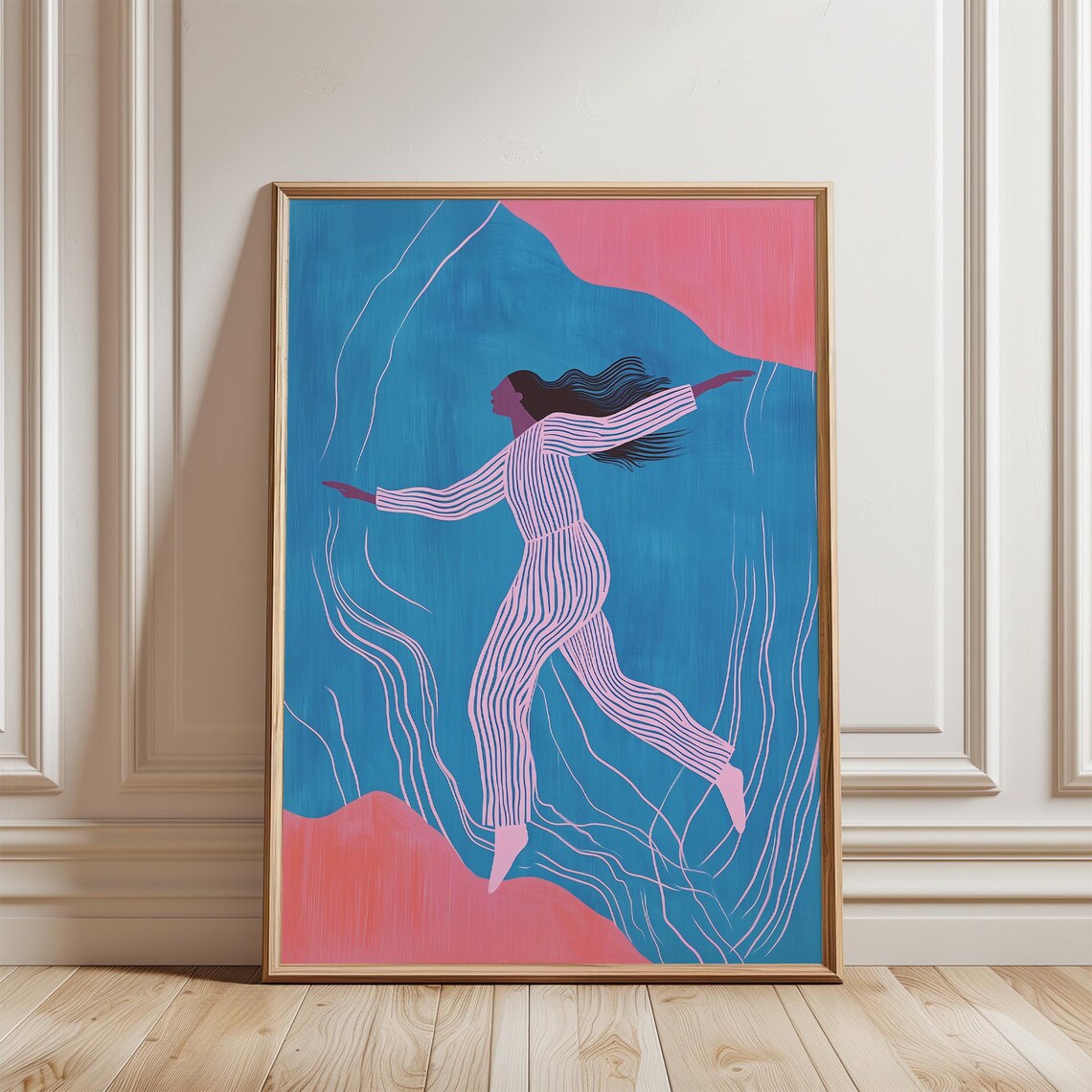 Dancing Woman in Stripes Teal and Pink Modern Illustration Poster