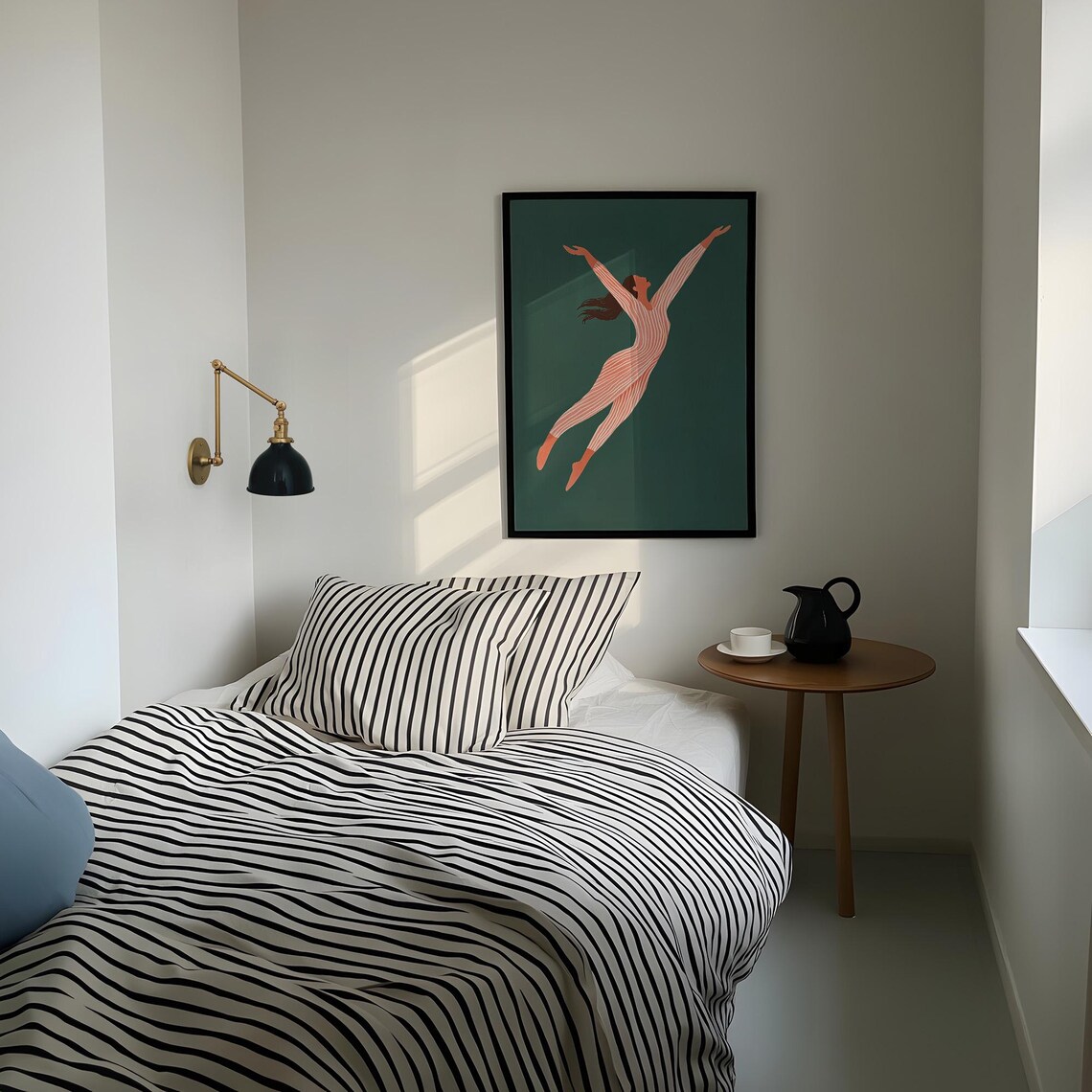 Joyful Dancing Woman Leaping in Coral Stripes on Deep Green Poster - Image 4
