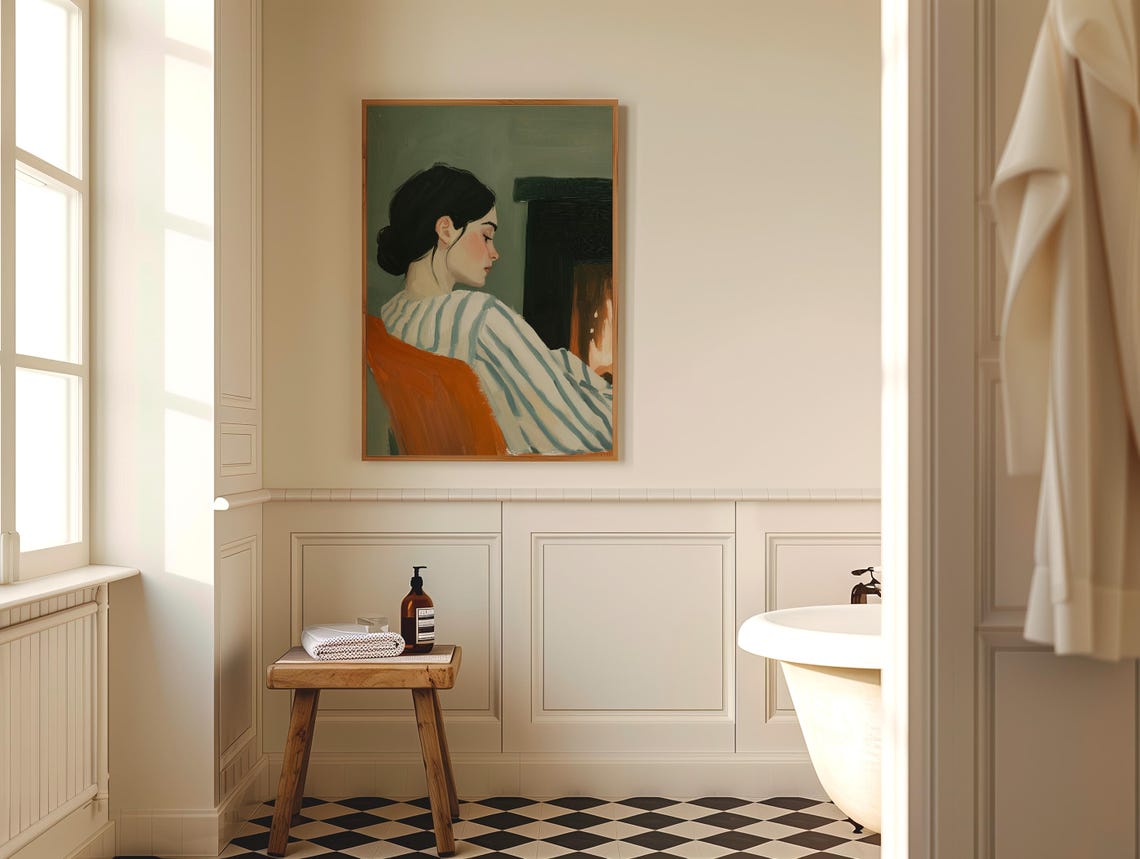 Woman in Striped Sweater Sitting by Fireplace Cozy Evening Poster - Image 5