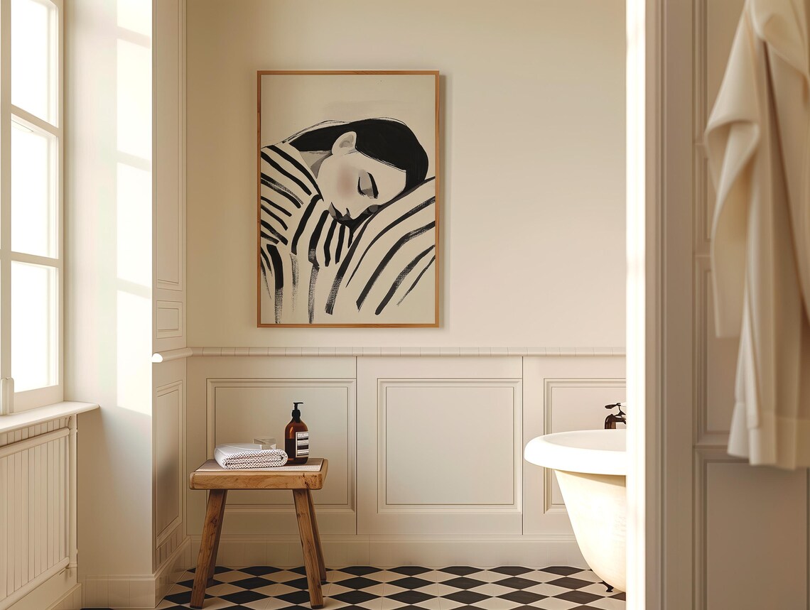 Quiet Resting Woman Stripes Minimalist Black White Art Poster - Image 5