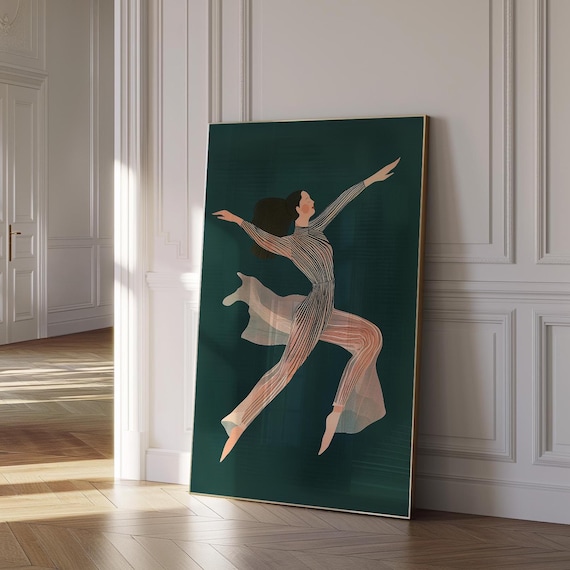 Graceful Dancer in Flowing Striped Dress on Dark Green Poster