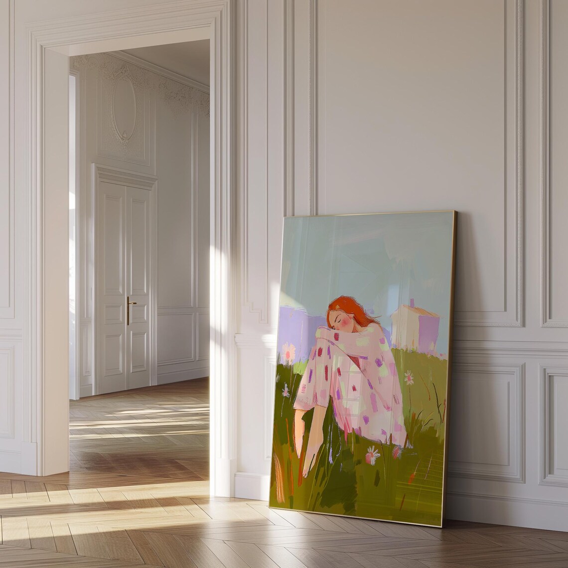 Red Haired Woman Resting in Wildflower Field Pastoral Poster - Image 2