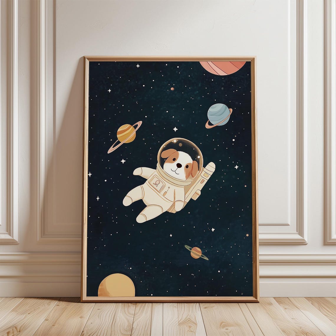 Cute Astronaut Puppy Floating in Space Nursery Starry Night Poster - Image 5