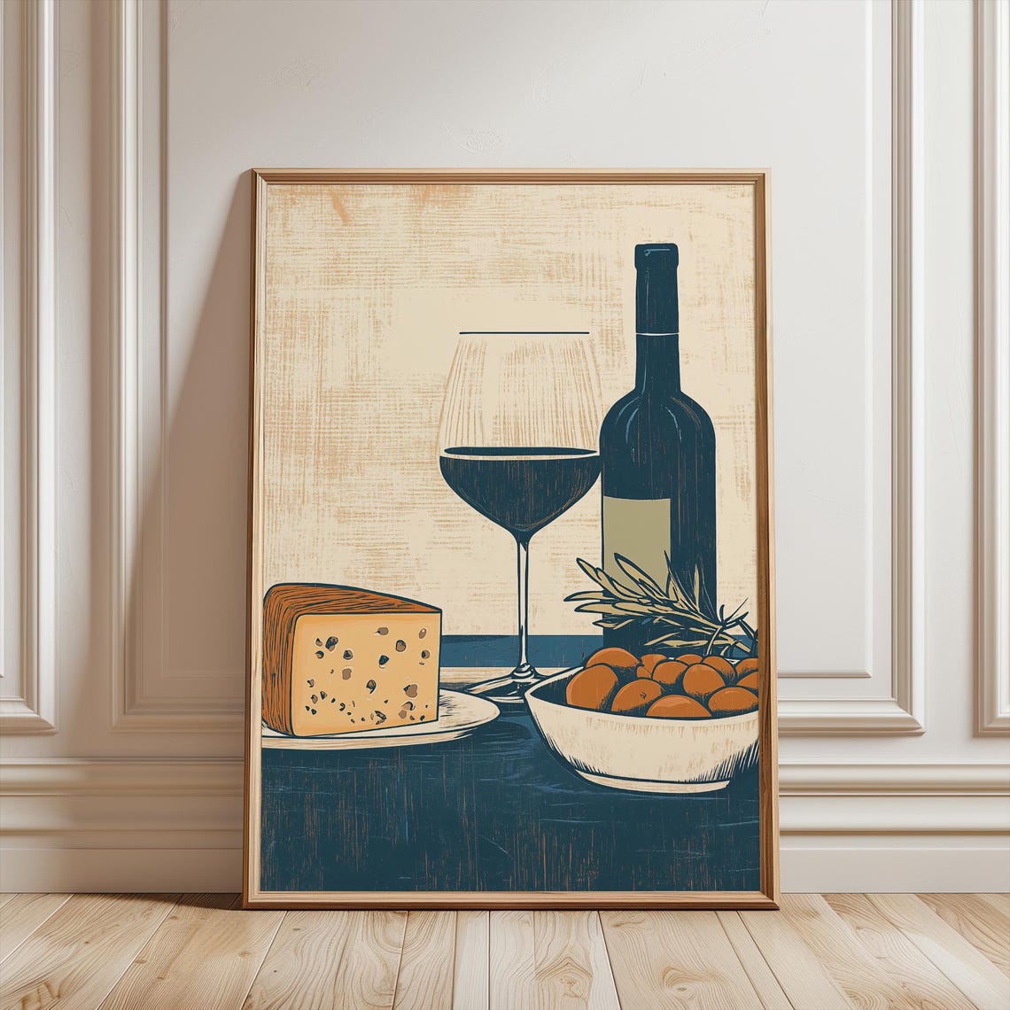 Vintage Wine and Cheese Still Life with Olives Kitchen Poster - Image 2