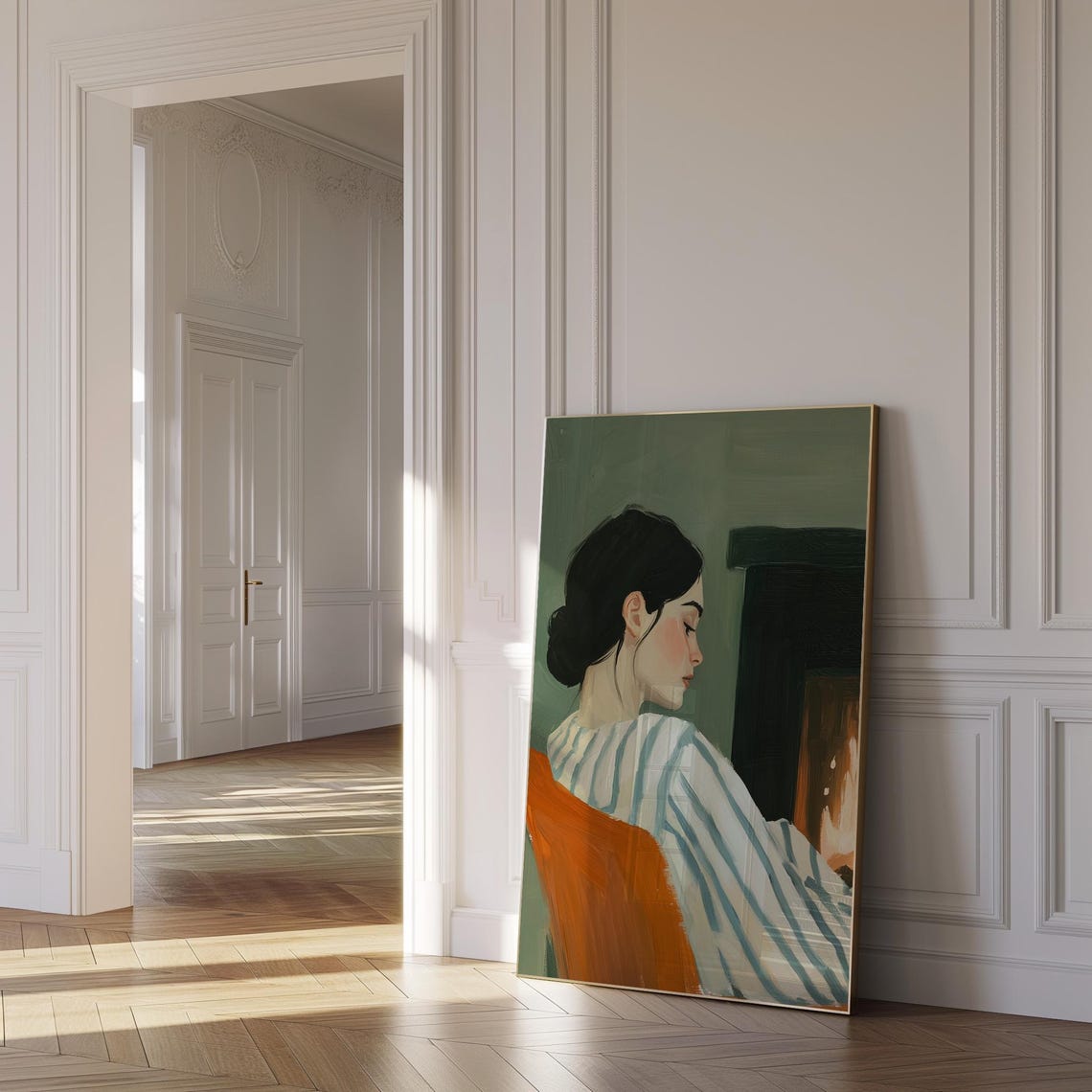 Woman in Striped Sweater Sitting by Fireplace Cozy Evening Poster - Image 4