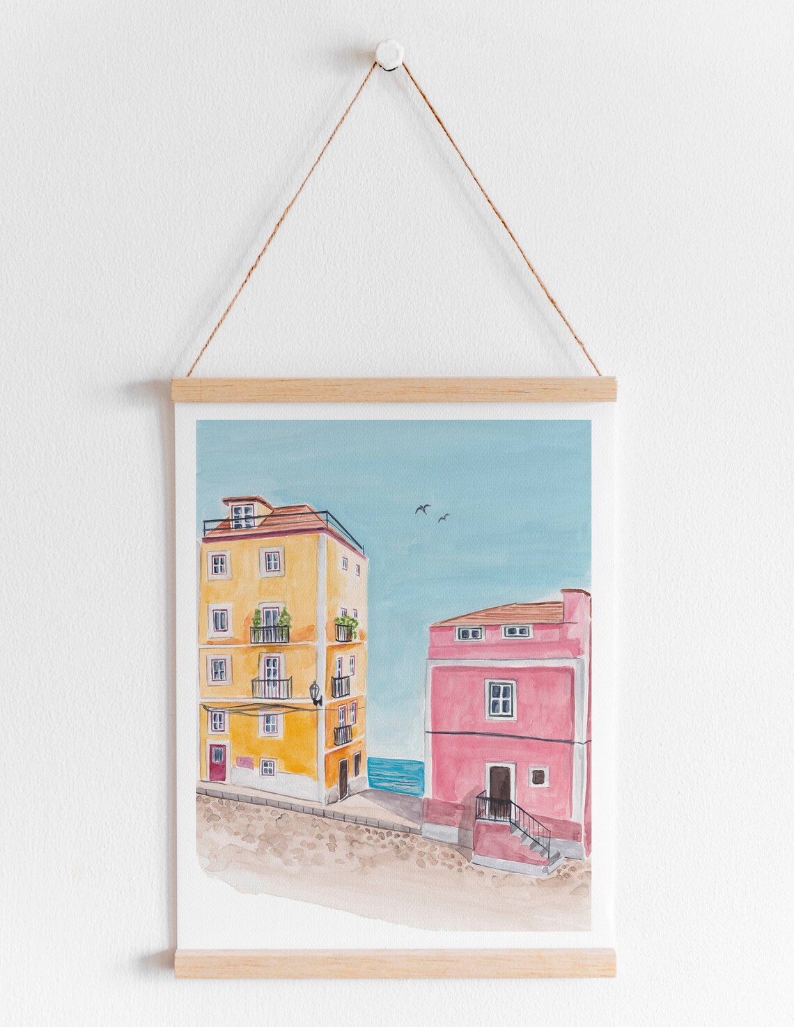 Lisbon Portugal Colorful Street Yellow Pink Houses Seaside View Poster - Image 4