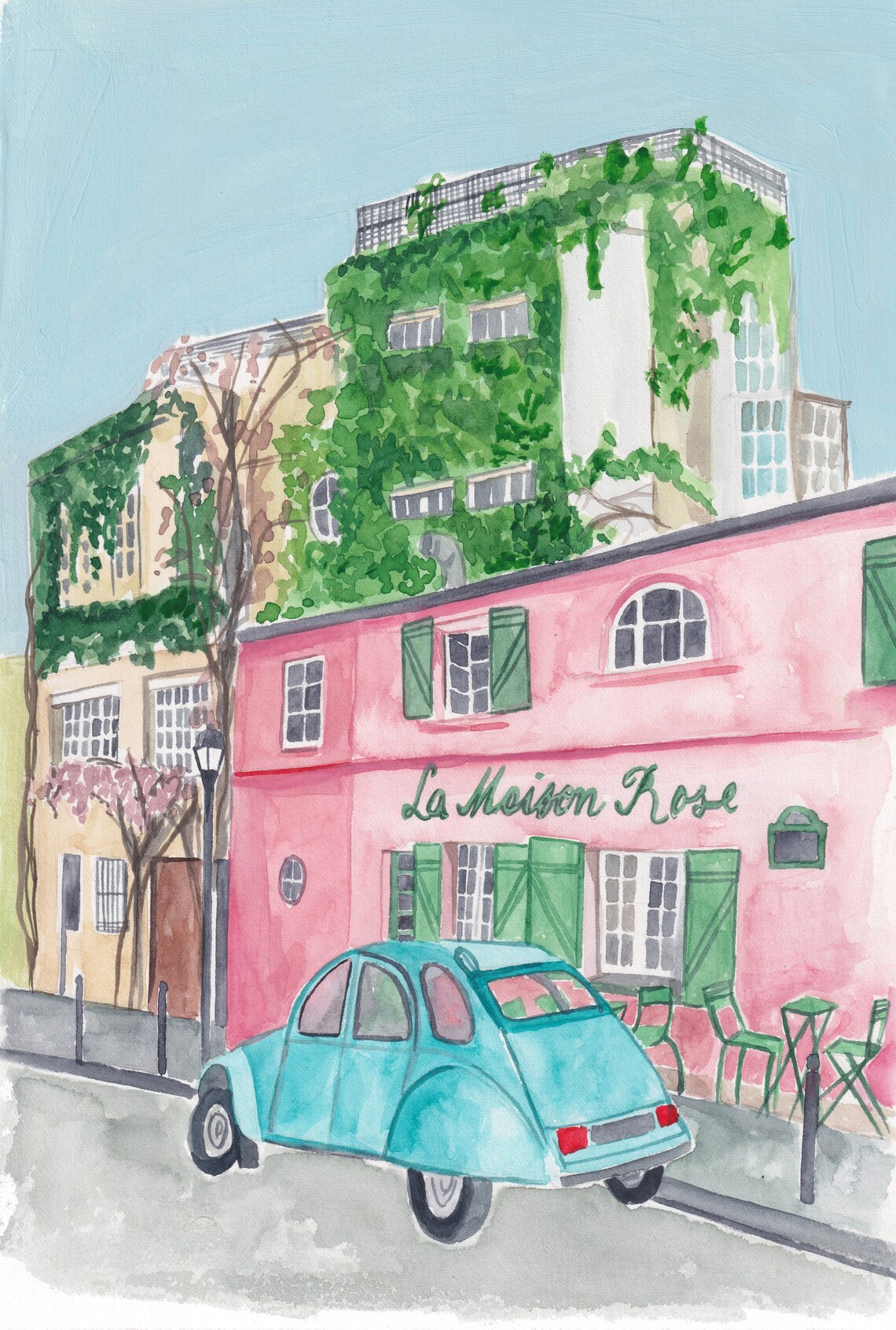 La Maison Rose Montmartre Pink House With Vintage Blue Car Wall Art - Image 2