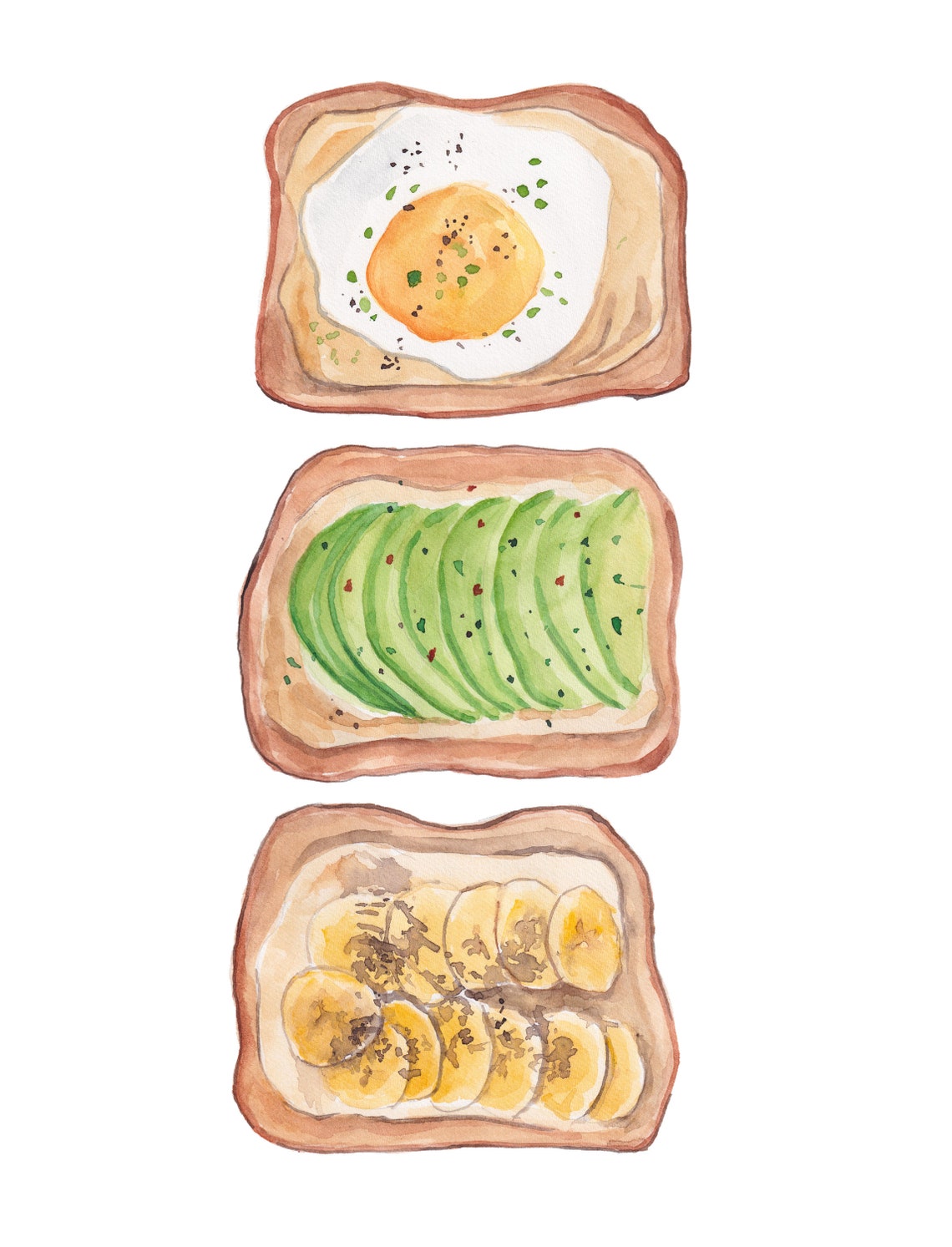 Breakfast Toast Trio Fried Egg Avocado Banana Watercolor Kitchen Print - Image 2