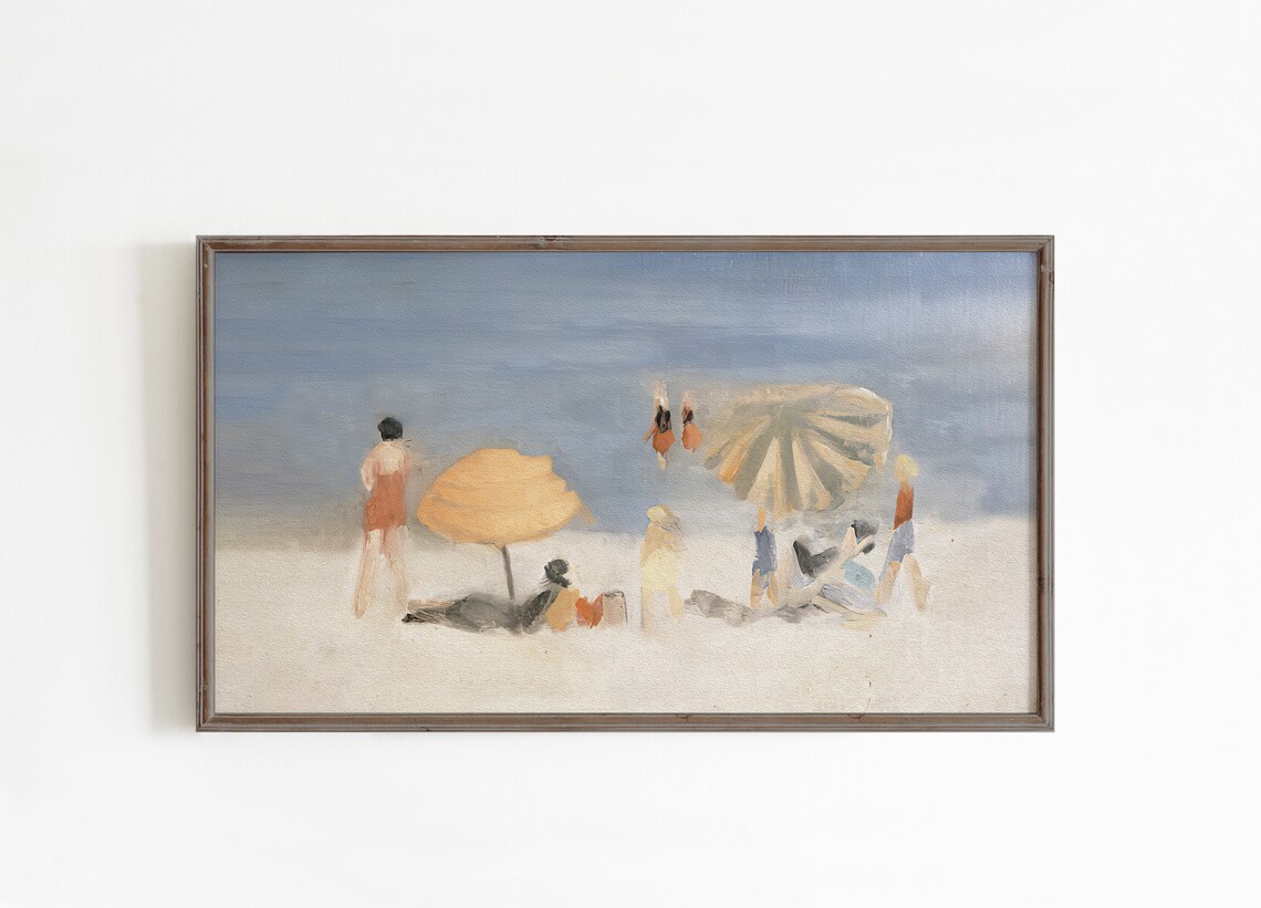 Vintage Beach Day Impressionist Painting with Umbrellas Poster - Image 2