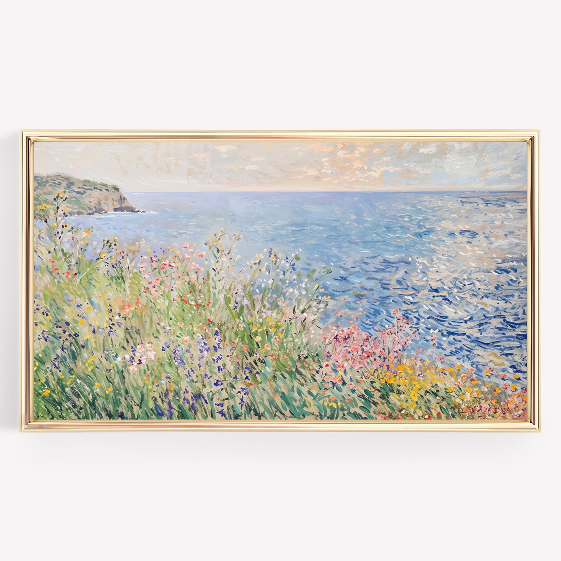 Coastal Wildflowers Over Blue Ocean Impressionist Seascape Wall Art - Image 3