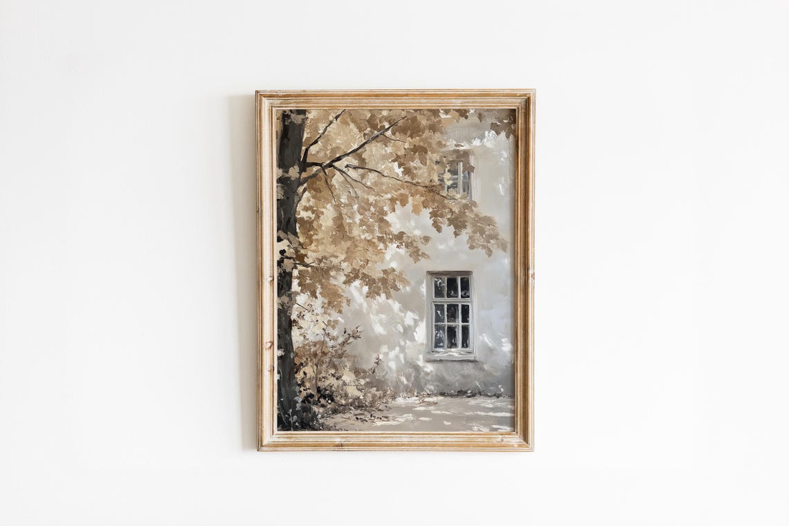 Vintage Fall Cottage Window Autumn Tree Neutral Oil Style Poster