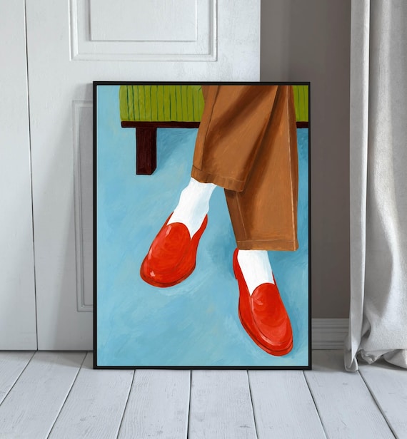Red Shoes Wall Art Fashion Print Retro Figurative Poster Shoe Stylish Bedroom Decor Blue Background Artwork