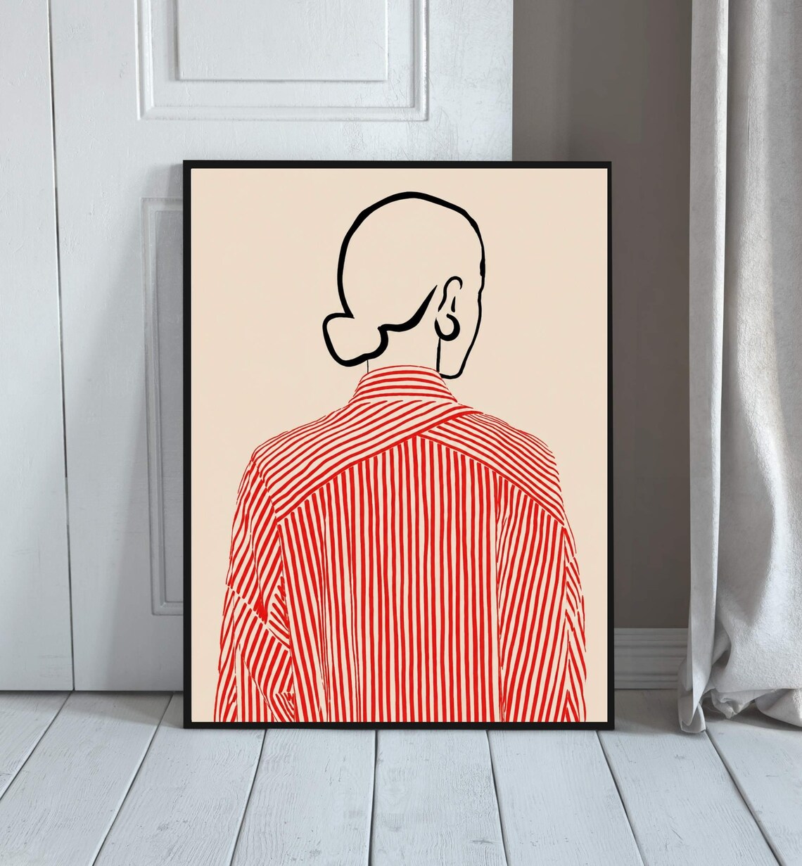 Minimalist Line Art Woman Red Striped Shirt Modern Abstract Poster