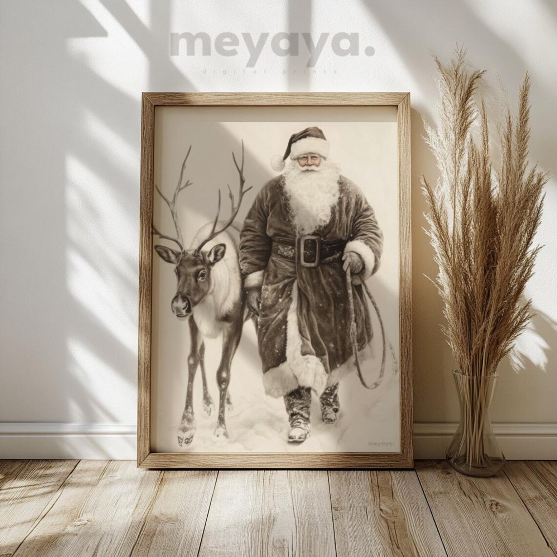 Sepia Santa Claus with Reindeer Walking Snow Rustic Vintage Art Poster - Image 2