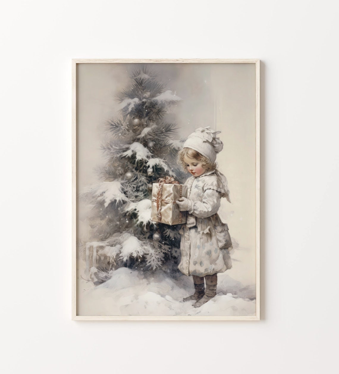 Little Girl With Christmas Gift Snowy Tree Vintage Holiday Poster - Image 5