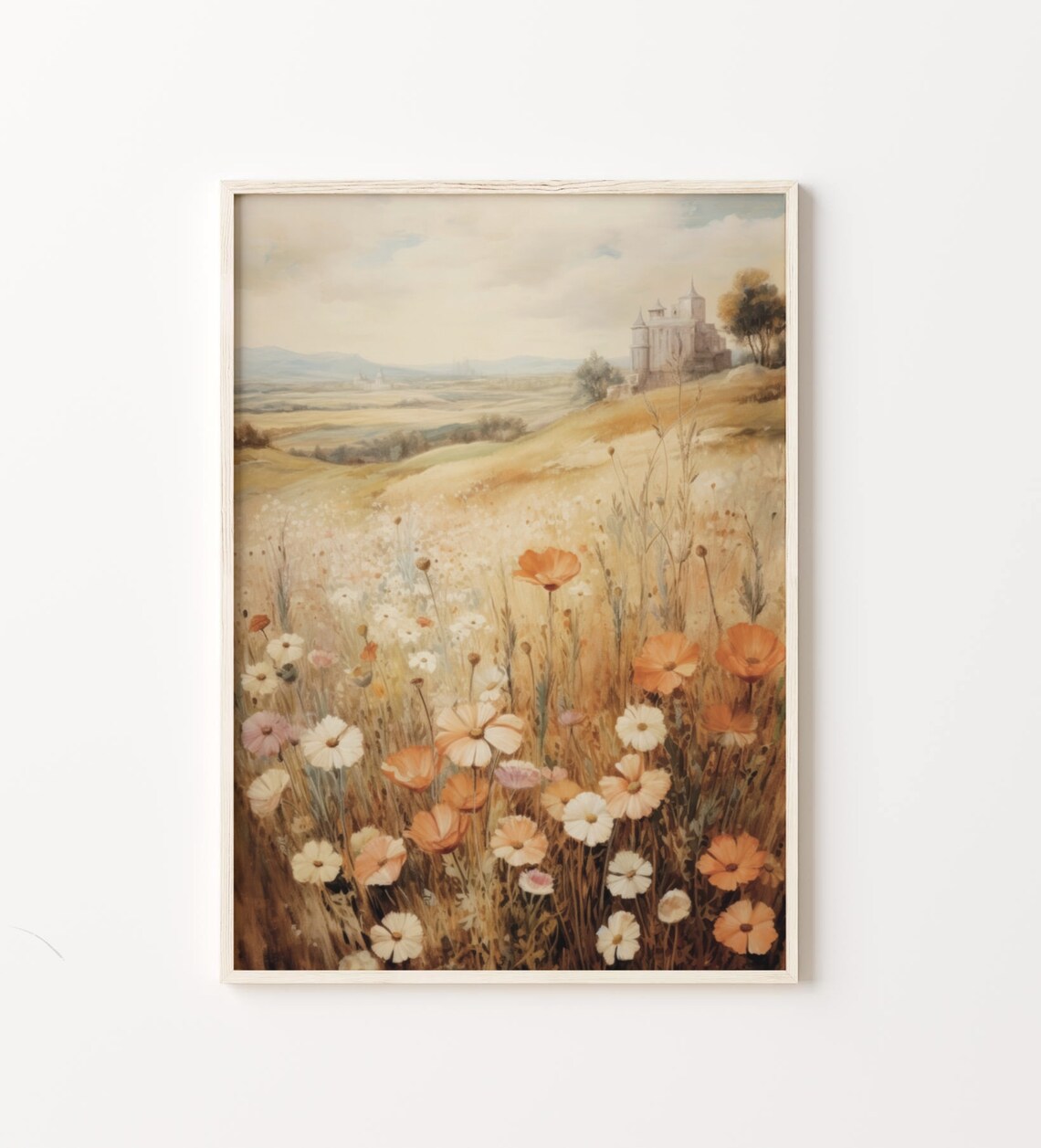 Sunlit Golden Wildflower Meadow With Distant Old Castle Vintage Poster - Image 4