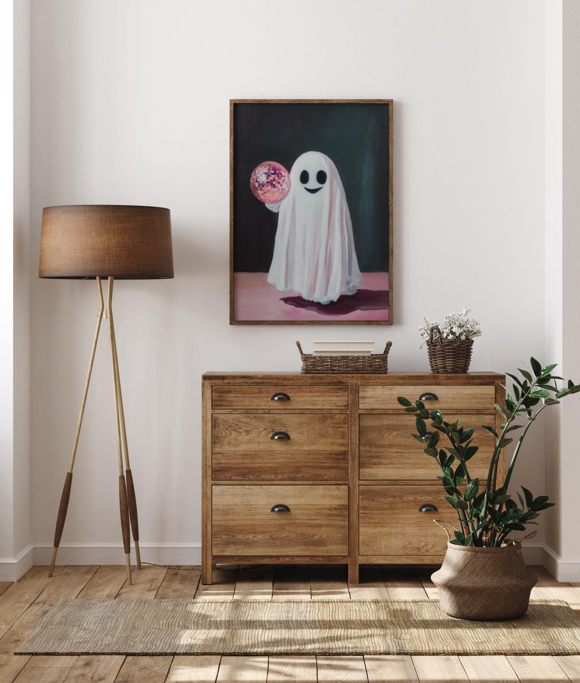 Cute Smiling Ghost Holding A Pink Disco Ball On Dark Background Poster - Image 6