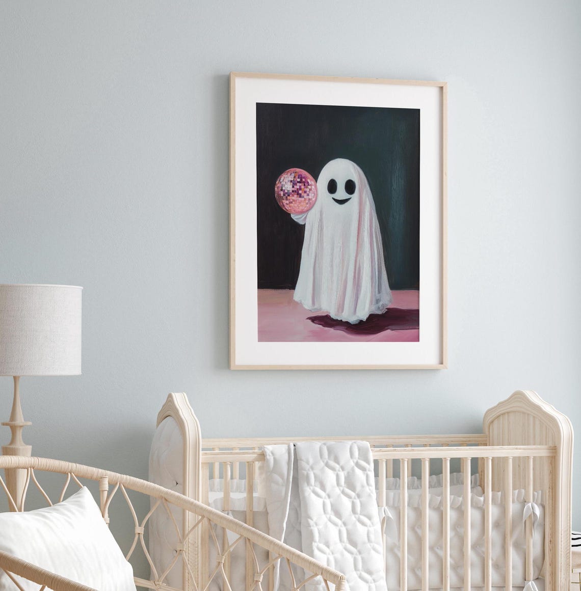 Cute Smiling Ghost Holding A Pink Disco Ball On Dark Background Poster - Image 4