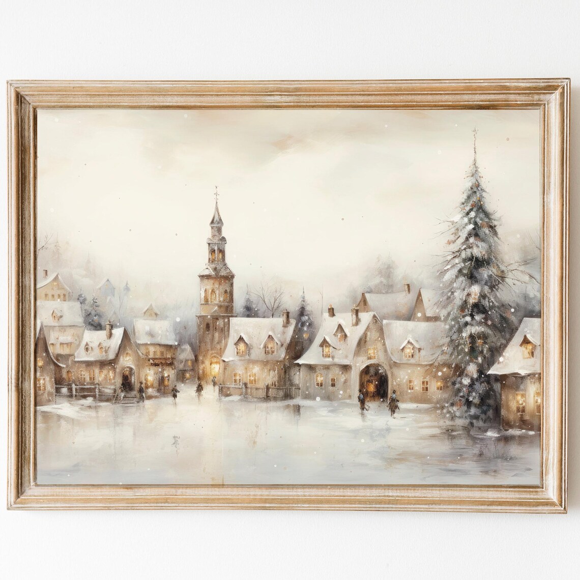Winter Village Vintage Christmas Painting, Holiday Decor