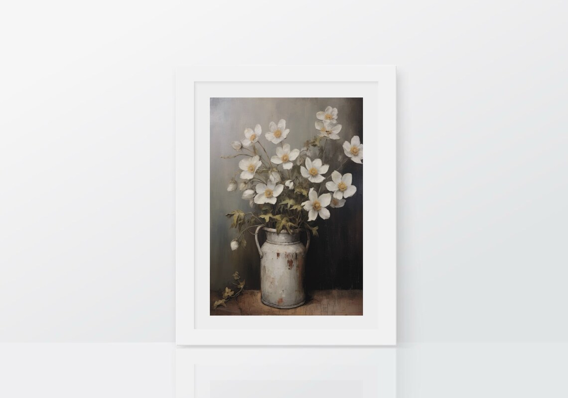 White Flowers In Rustic Pitcher Moody Vintage Still Life Poster - Image 2
